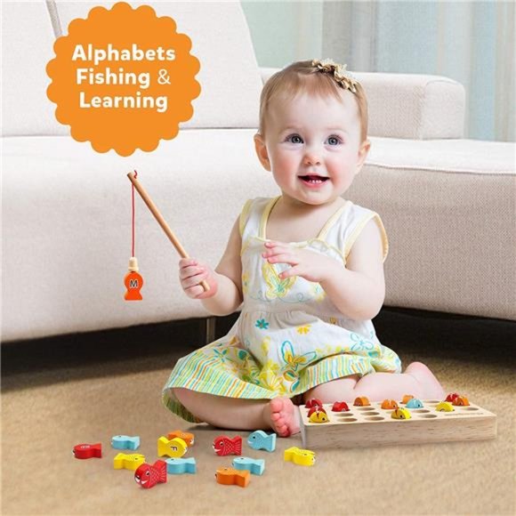 Wooden Magnetic Fishing Game, Fine Motor Skill Toy ABC Alphabet Color Sorting - Picture 6 of 6